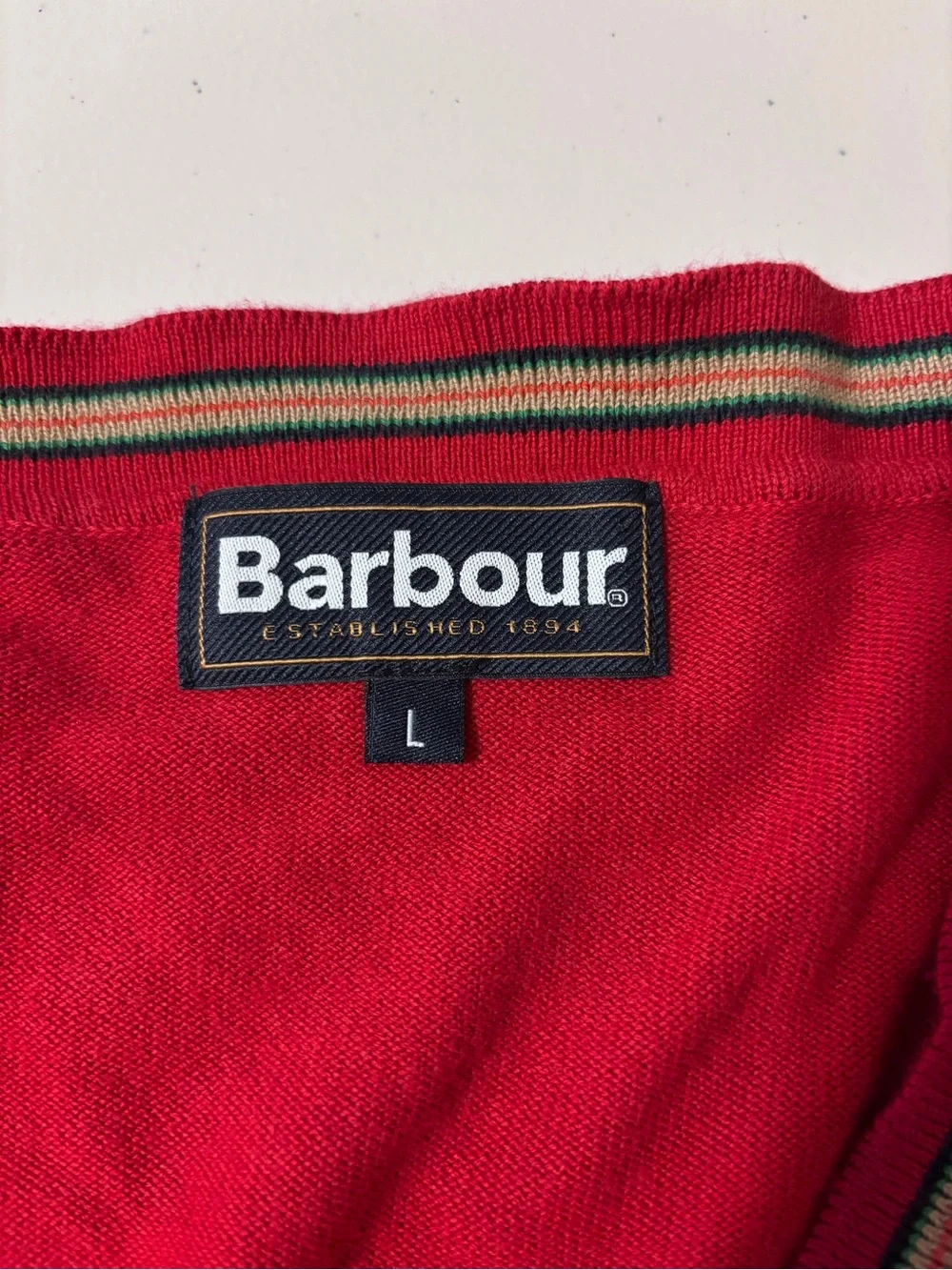 Barbour Mens Cardigan Size Large Red Stripes Trim Pocket Academia Preppy Varsity